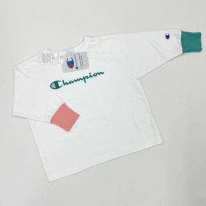 新品15352 チャンピオンChampion 110cm白ホワイト　袖リブカラー切り替え　長袖Ｔシャツ　ロゴ刺繍入り男女兼用ユニセックスキッズジュニア