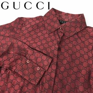 m74 GUCCI グッチ GG柄 長袖 シャツ ブラウス イタリア製 38 コットン シルク バーガンディ 正規品 ヴィンテージ トップス