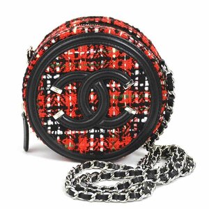 シャネル CHANEL 斜め掛けショルダーバッグ ココマーク ツイード/レザー/メタル レッド/ブラック/シルバー e56741g