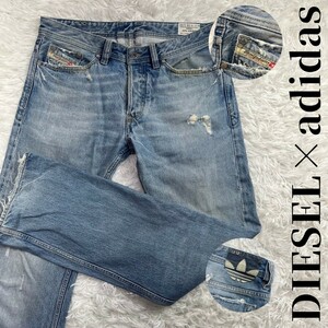 希少 DIESEL×adidas コラボ ジーンズ W32L32 ゴールデンサイズ イタリア製 ボタンフライ ダメージ加工 アディダスロゴ ADI-VIKER 3本LINE