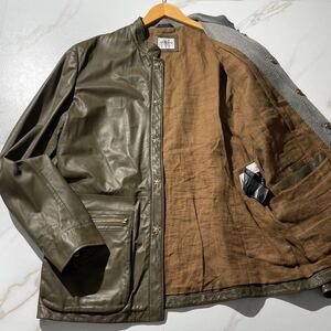 美品!!!XL ARMANI COLLEZIONI アルマーニコレツィオーニ ラムレザー ジャケット ライダース 本革 羊革 カーキ ジップデザイン ブルゾン 50