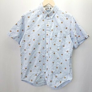 ◇ ◎ A BATHING APE アベイシングエイプ 総柄 胸元ポケット 半袖 シャツ サイズL ブルー メンズ E