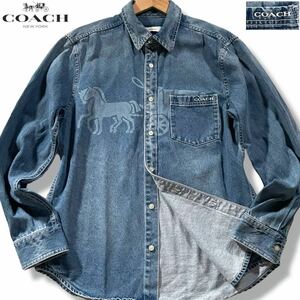 極美品/L相当●COACH コーチ デニム 長袖シャツ ウエスタン ジャケット ジージャン インディゴブルー 馬車ロゴ ホースロゴ 胸刺繍 春夏秋