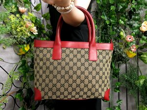 ●超美品●GUCCI グッチ●GGキャンバス カーフ レザー 本革●トート バッグ●ベージュ 赤●G金具●腕掛け●B5 収納●書類 かばん●Js48594