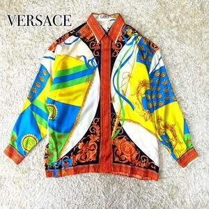 VERSACE ビンテージ 総柄 太陽 王冠 スカーフ柄 シルク 長袖 シャツ ヴェルサーチ ベルサーチ ヴィンテージ vintage 大きいサイズ 