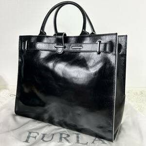 1円【未使用級】FURLA フルラ トートバッグ ハンドバッグ レザー 本革 A4収納 肩掛け 金具 ロゴ メンズ ビジネス 黒 ブラック 総柄 大容量