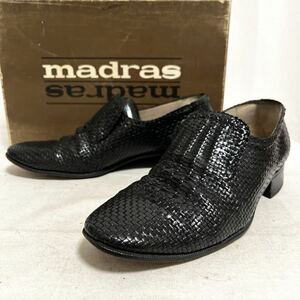 和411★ 箱付き madras マドラス レザー ローファー スリッポン 編み込み シューズ 23.5 EE ブラック メンズ