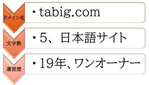 ドメイン譲渡（売却） tabig.com 運用実績19年 文字数５ 日本語サイト 