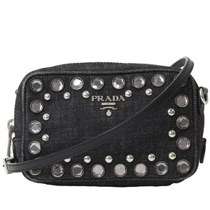 プラダ デニム スタッズ 2WAY ショルダーバッグ ブラック 1N1674 レディース ミニバッグ ポシェット ポーチ PRADA 中古