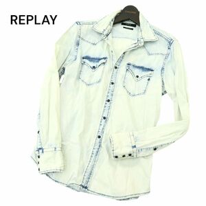 REPLAY SHIRTMAKER リプレイ 通年 REGULAR FIT ブリーチ加工★ 長袖 ウエスタン デニム シャツ Sz.XS　メンズ　A4T04118_4#C