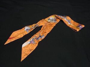 1円 ■美品■ HERMES エルメス Space Derby【スペース ダービー】シルク ツイリー リボンスカーフ レディース オレンジ系 FE0640