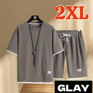 セットアップ 2XL グレー ルームウェア 半袖 上下 部屋着 楽ちん 涼しい