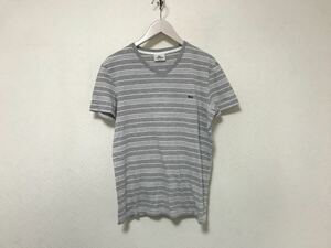 本物ラコステLACOSTEコットンボーダー柄Vネック半袖TシャツメンズアメカジサーフミリタリーS3グレー