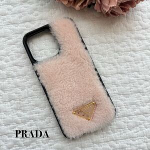 未使用PRADA プラダ iPhone13Pro 専用ケース1ZH149 2EC9 シアリング 三角ロゴ トライアングルロゴ ピンクファー スマホケース 