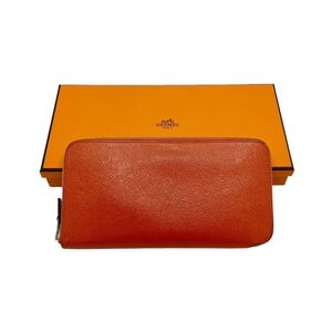 【美品】エルメス HERMES アザップロング シルクイン ラウンドファスナー 長財布 オレンジ系