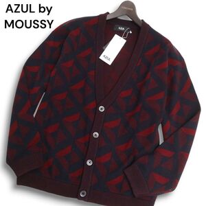 【新品 未使用】 AZUL by MOUSSY アズール マウジー 秋冬 レトロ柄 ニット カーディガン 羽織り　Sz.M　メンズ ネイビー　C4T08710_A#K