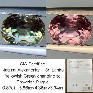 アレキサンドライト　0.87ct　Sri Lanka　GIA宝石鑑別書付き　Yellowish Green changing to Brownish Purple　5.86×4.36×3.94　1559Y