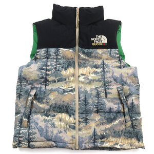 極美品○GUCCI グッチ THE NORTH FACE ザ・ノースフェイス 21AW 663762 ロゴ刺繍 フォレストプリント ヌプシダウンベスト M 正規 メンズ