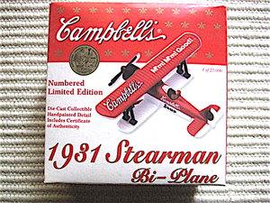 Campbell’s 1931 STEARMAN BI-PLANE★ミニ複葉機★1988 U.S.A.★箱入り★シリアルナンバー入りカード付き