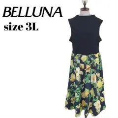 ベルーナ belluna 膝下ワンピース ノースリーブ 花柄 モックネック 3l