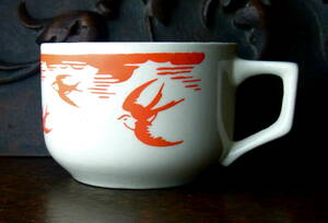 フランスビンテージ Badonviller バドンヴィレー窯 ツバメのカップ ステンシルで描かれた燕の群れ 珈琲椀 古道具