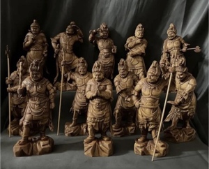 総柘植材 精密細工 古美術 時代木彫 仏教美術 薬師12神将像一式