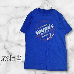 Tシャツ/カットソー 半袖 プリント ロゴ ブルー 青　XS相当　小さいサイズ 2900