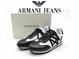 4万新品◆43=28cm◆ARMANI JEANS アルマーニジーンズファブリックロゴ入りスポーティースニーカー白黒 1円