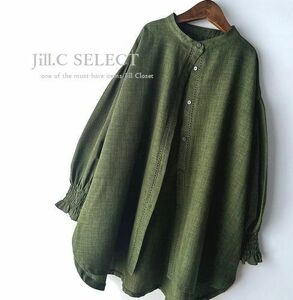 新品【送料185円】袖口シャーリングゴム*七分袖*バックロングdesign*バンドカラー*前開きボタンシャツ*ブラウス4132.GREEN