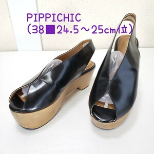 美品◆PIPPICHIC ピッピシック vintage wedge ONE PIECE ウェッジソール レザーサンダル レディース(38■24.5～25cm位)黒 ブラック