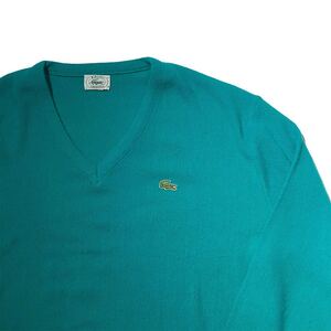 希少 80s 90s ビンテージ LACOSTE Vネック ニット セーター ラコステ エメラルドグリーン IZOD 胸元 ワンポイント 1980年代 1990年代