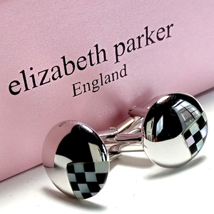 【epc94】ELIZABETH PARKER エリザベスパーカー カフス カフリンクス SV スターリングシルバー925 チェック柄 黒オニキス×白蝶貝 シェル