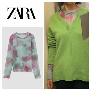 ZARA タイダイ チュールＴシャツ　シアートップ　メッシュ M 送料400円　230218