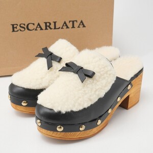 MH1792*《未使用/定価 19,800円》ESCARLATA エスカラータ 2022AW レザー×ボア リボン サボ サンダル ウッドヒール 36(23cm相当) ブラック