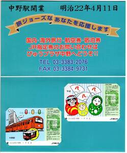 【中野駅 ゾロ目】iO-CARD 1000 x 2枚 平成8年8月8日 (台紙付き) / 開業100周年記念 硬券入場券 平成元年11月11日 （未使用）