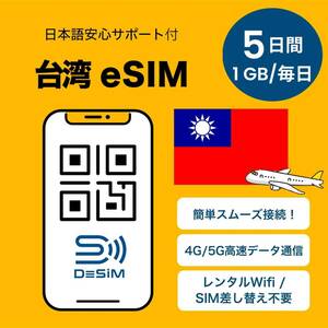 【台湾 eSIM】5日間 1GB/毎日 正規卸 | LINE相談受付中 | 当日発行可能 |データ通信専用（電話番号なし） sim