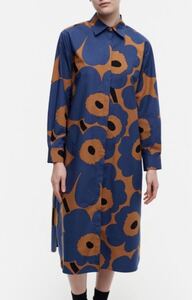 マリメッコ marimekko ウニッコ 日本限定 タグ付き シャツワンピース 長袖 総柄 ネイビー