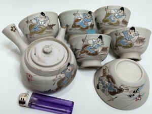 (再出品) 萬古焼 茶器 まとめて 傷みあり ○ 恵比寿天 恵比須 煎茶 急須 湯冷まし 煎茶碗 茶道具 戦前 古い