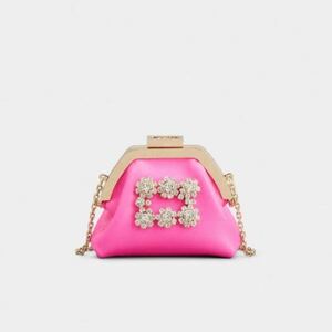 1回使用　Roger Vivier フラワー ストラス バックル サテン コインパース　ネオンピンク　がま口　チェーンショルダー