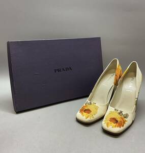 ⑦ PRADA プラダ 花柄 ひまわり スクエアトゥ ヒール パンプス レディース37 24cm程度