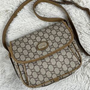 1円 美品 OLD GUCCI オールドグッチ グッチプラス ショルダーバッグ クロスボディ サコッシュ 斜めがけ 肩掛け PVC レザー フラップ GG 茶