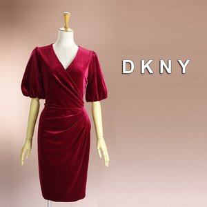 半額セール★新品 DKNY 10/15号 ダナキャラン 赤 ベロア ワンピース パーティドレス 半袖 結婚式 二次会 披露宴 フォーマル 輝53DD1602