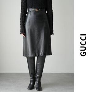 美品 GUCCI グッチ レザースカート ミモレ丈 GGマーモント 台形 裏地あり ラムレザー 近年モデル 36