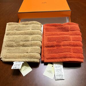 HERMES エルメス タオル ハンカチ 2枚セット オレンジ ベージュ 27㎝四方 保管品 未使用