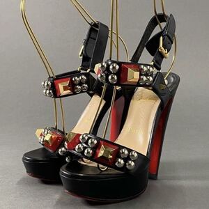 6h14 Christian Louboutin クリスチャンルブタン メタルビーズ スタッズ ストラップヒールサンダル 34 ブラック レザー シューズ