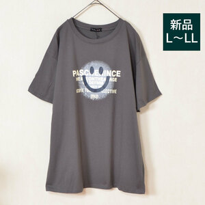 新品☆L~LL 大きいサイズ スマイルプリント Tシャツ レディース カットソー 半袖 コットン 夏/チャコールグレー/メール便可/12207480-1825