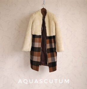 超高級 新品同様 希少 Aquascutum おしゃれモダンチェックコート アクアスキュータム めちゃ可愛スタイル ノーカラー ランウェイスタイル