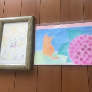 絵画 原画 手書きインテリア 一点物 猫 ねこ ネコ 額付き ハート　紫陽花　アジサイ　あじさい絵　フォトスタンド　花