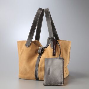 GQ9325△Les sacs Adam/ルサックアダム*スエード×レザー*ミニポーチ付き*ハンドバッグ*手提げ 鞄*ダークブラウン×キャメル系