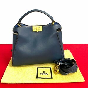 極 美品 FENDI フェンディ ピーカブー アイコニックエッセンシャリ― レザー 本革 2way ハンドバッグ ショルダーバッグ ブルー 00077